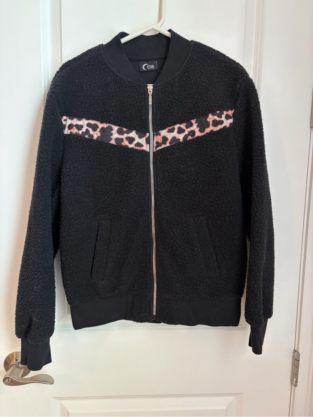 ZYIA Black Teddy Jacket with Pink Leopard Chevron